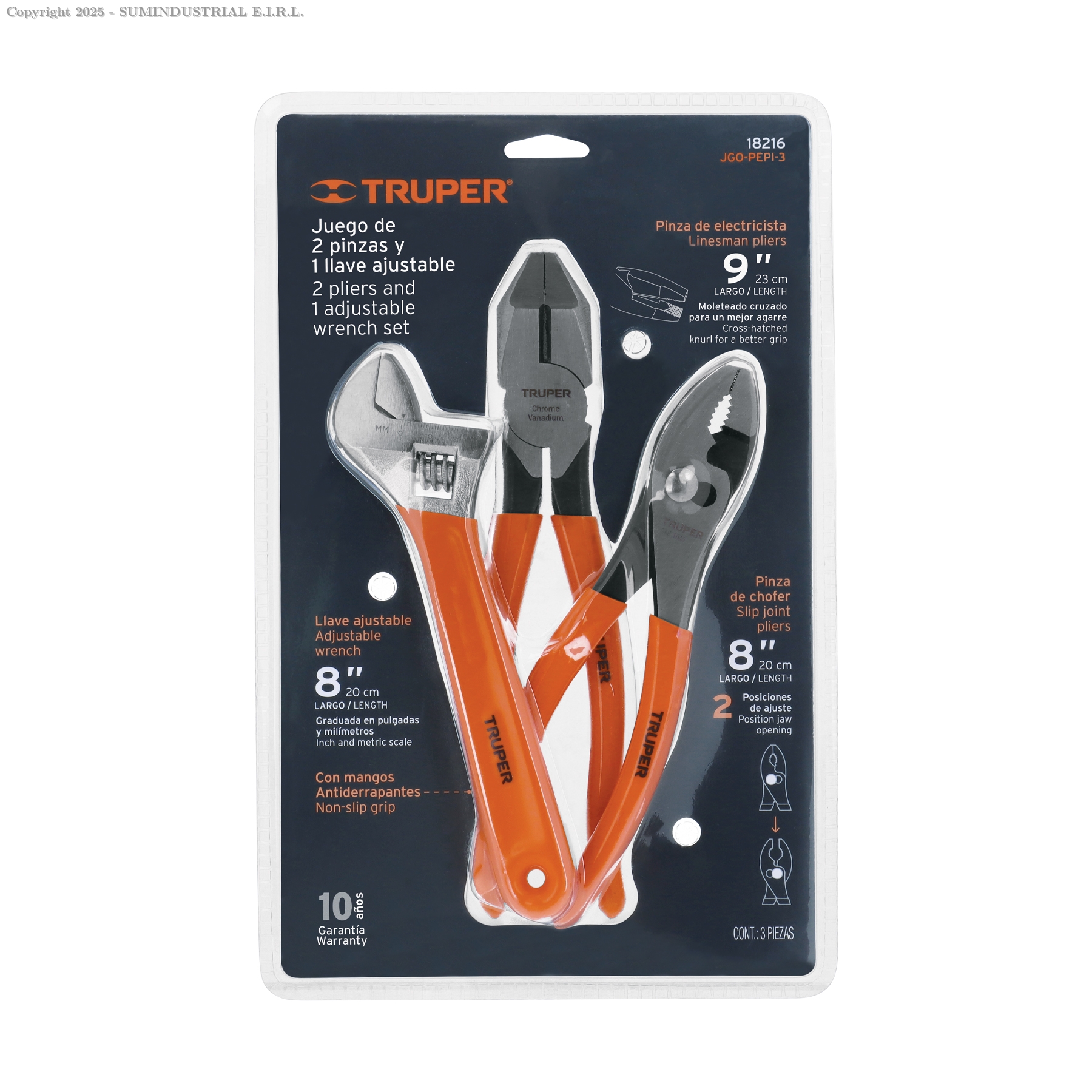 JUEGO CON 2 PINZAS Y 1 LLAVE AJUSTABLE MANGO DE PVC, TRUPER 18216